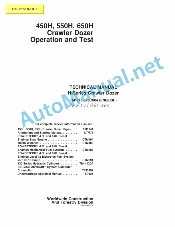 John Deere 450H, 550H, 650H Crawler Dozer Technical Manual TM1743 07JUN04