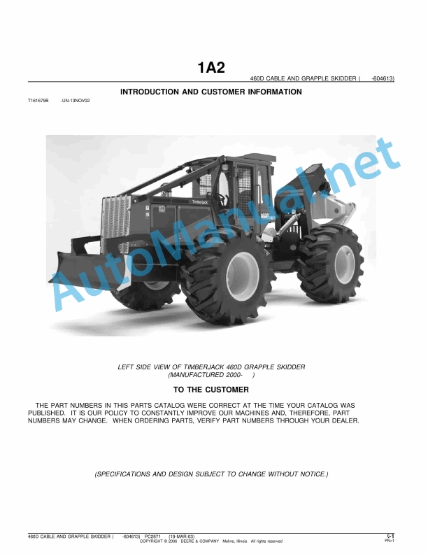 John Deere 460D Cable and Grapple Skidder Parts Catalog PC2871 19-MAR-03