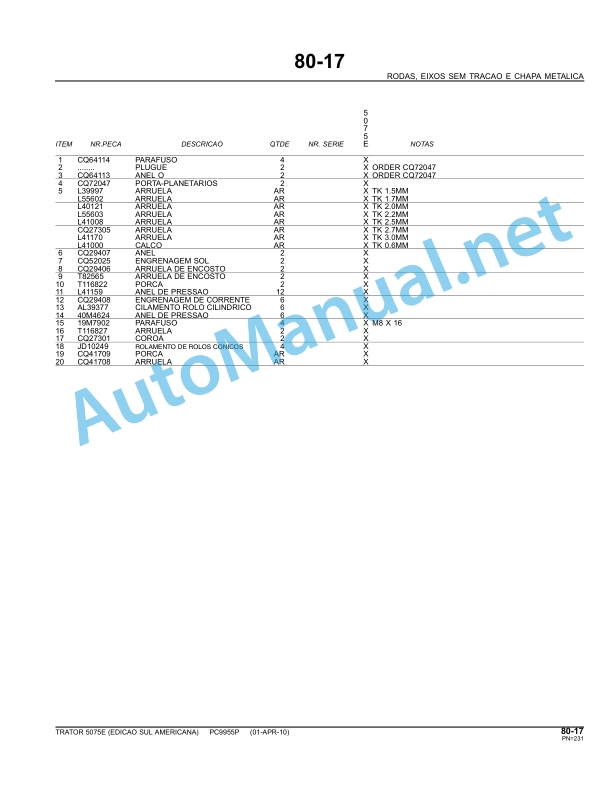 John Deere 5075E Tractor (South America) Parts Catalog PC9955P April 1, 2010 Portuguese 5 John Deere 5075E Tractor (South America) Parts Catalog PC9955P April 1, 2010 Portuguese - Image 5