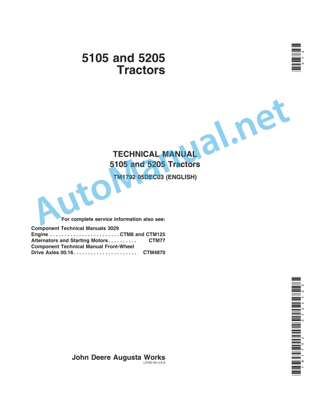 John Deere 5105 and 5205 Tractors Technical Manual TM1792 05DEC03