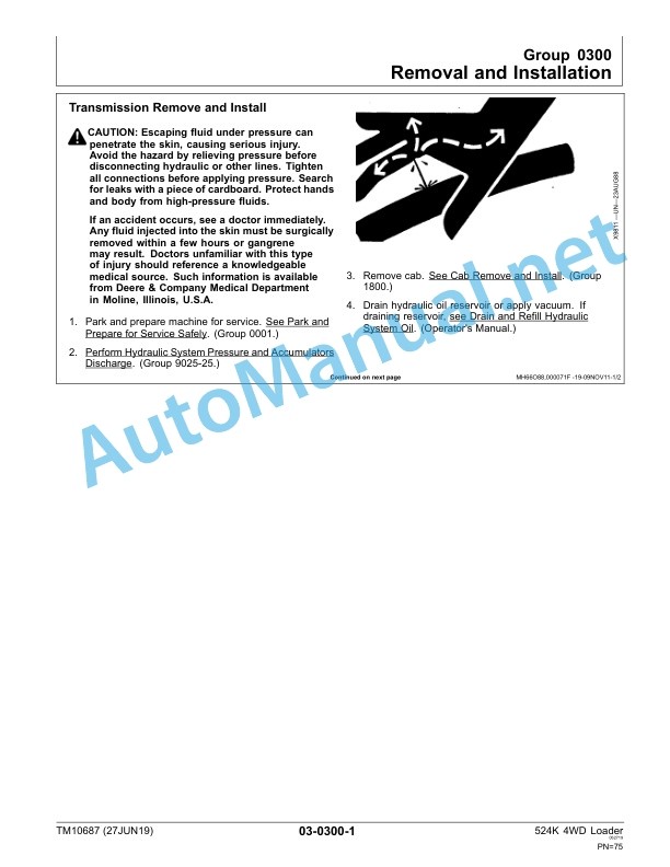 Alternative view of John Deere 524K 4WD Loader Engine 6068HDW74 (T3) Technical Manual TM10687 27JUN19
