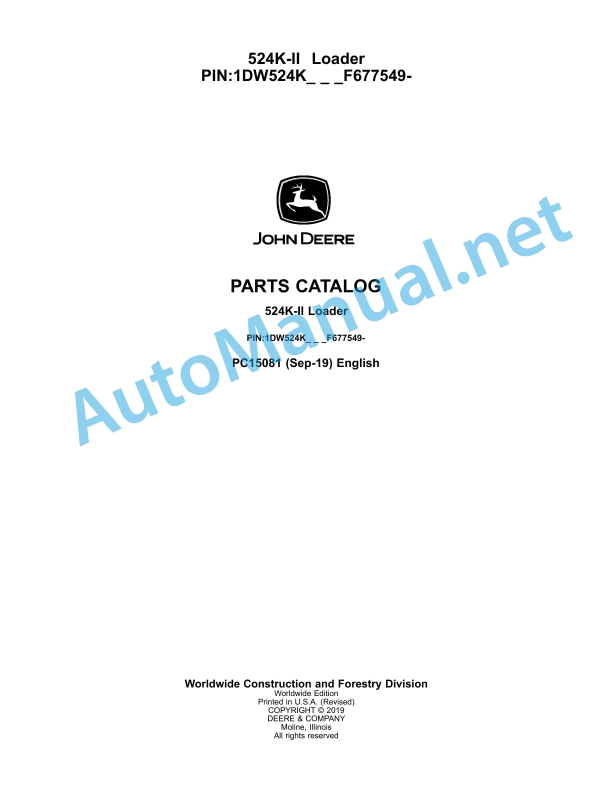 John Deere 524K-II Loader Parts Catalog PC15081 Sep-19