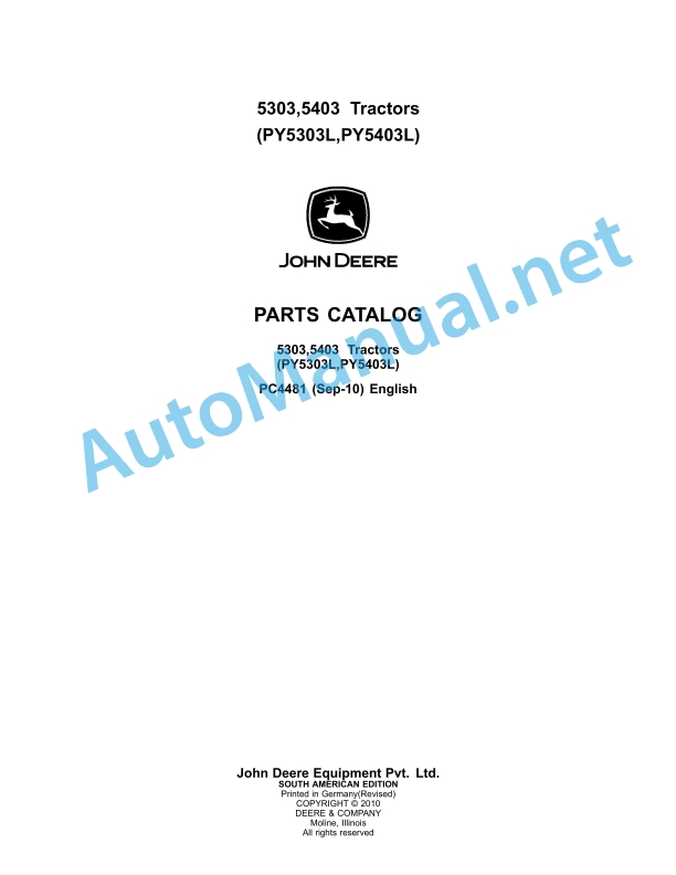 John Deere 5303, 5403 Tractors Parts Catalog PC4481 Sep-10