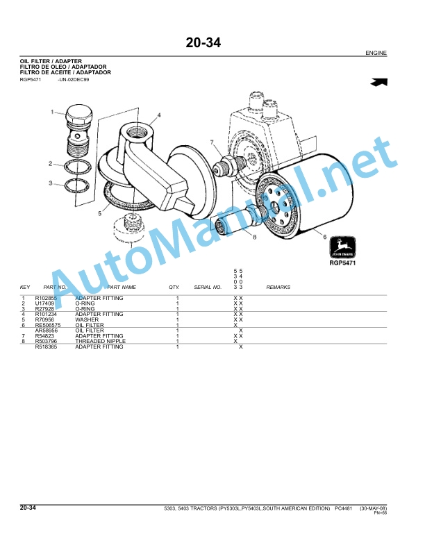 Alternative view of John Deere 5303, 5403 Tractors Parts Catalog PC4481 Sep-10