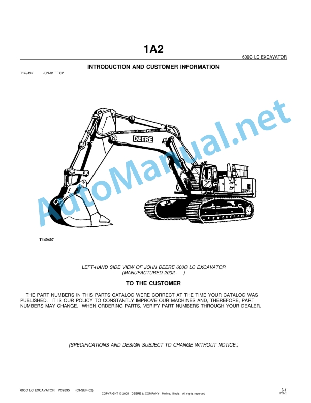 John Deere 600C LC Excavator Parts Catalog PC2895 (09SEP-02)