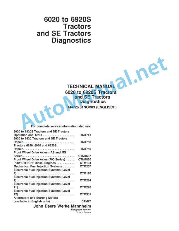 John Deere 6020 to 6920S Tractors and SE Tractors Diagnostics Technical Manual TM4726 01NOV03