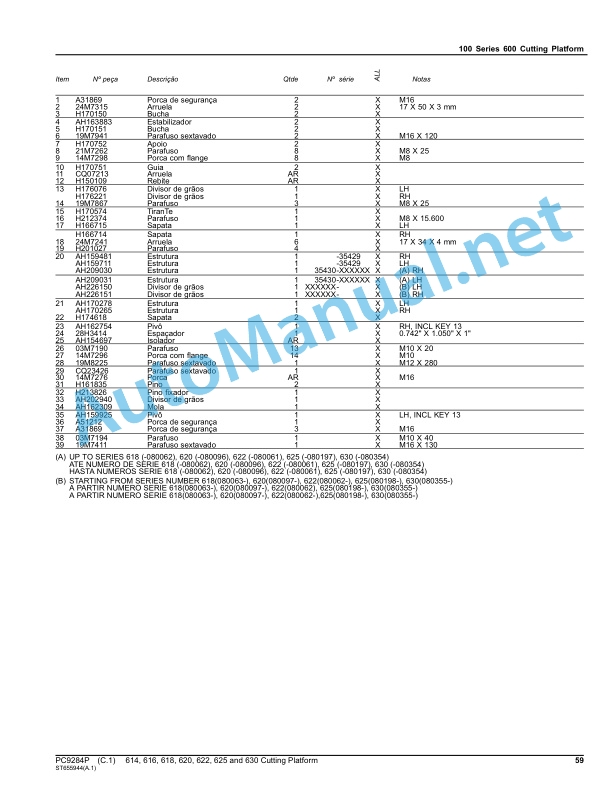 John Deere 614, 616, 618, 620, 622, 625 and 630 Cutting Platform Parts Catalog PC9284P January 2014 Portuguese 2 John Deere 614, 616, 618, 620, 622, 625 and 630 Cutting Platform Parts Catalog PC9284P January 2014 Portuguese - Image 2