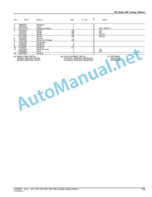 John Deere 614, 616, 618, 620, 622, 625 and 630 Cutting Platform Parts Catalog PC9284P May 2012 Portuguese 3 John Deere 614, 616, 618, 620, 622, 625 and 630 Cutting Platform Parts Catalog PC9284P May 2012 Portuguese - Image 3
