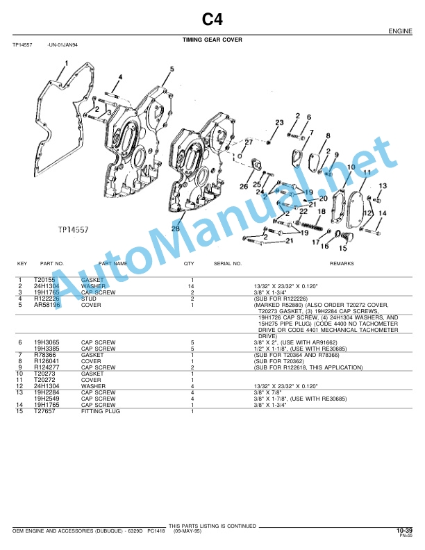 Alternative view of John Deere 6329D OEM Engine and Accessories (Dubuque) Parts Catalog PC1418 Jun-00