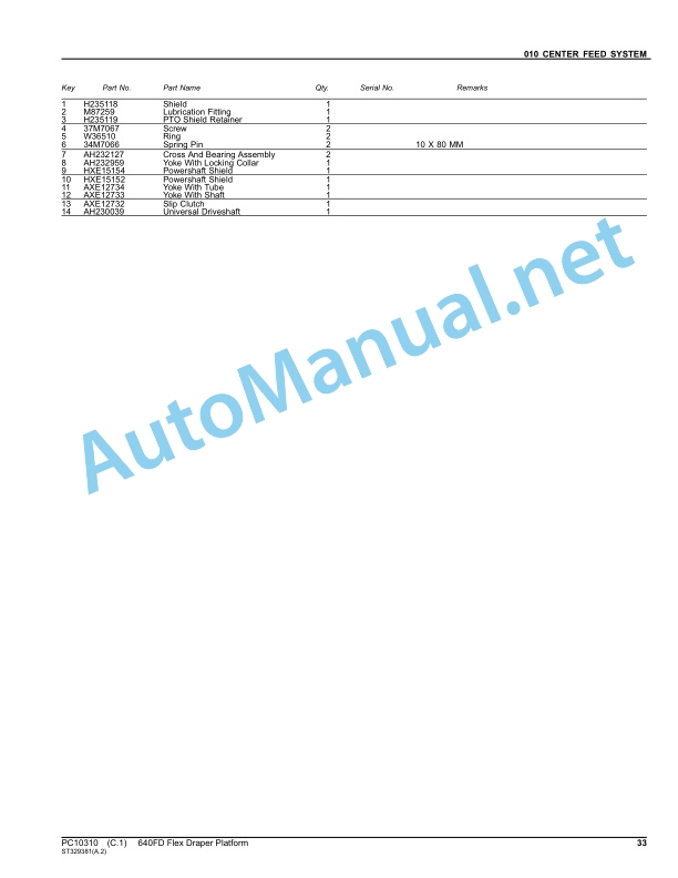 Alternative view of John Deere 640FD Flex Draper Platform Parts Catalog PC10310 November 2011