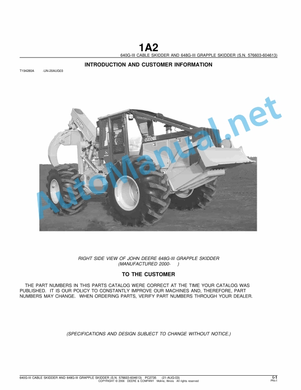 John Deere 640G-III CABLE SKIDDER AND 648G-III GRAPPLE SKIDDER Parts Catalog PC2735 21-AUG-03