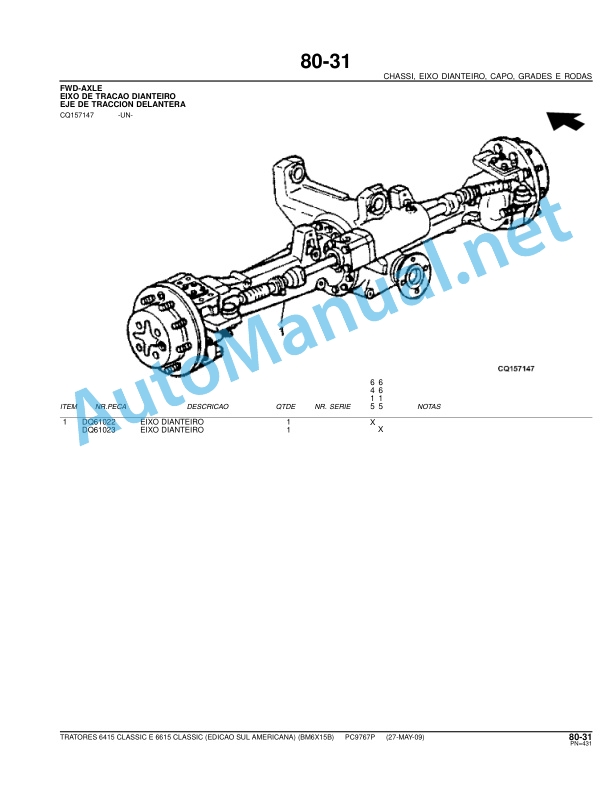 John Deere 6415 Classic and 6615 Classic Tractors Parts Catalog PC9767P 27-May-09 Portuguese 5 John Deere 6415 Classic and 6615 Classic Tractors Parts Catalog PC9767P 27-May-09 Portuguese - Image 5