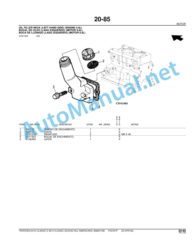 Alternative view of John Deere 6415 Classic and 6615 Classic Tractors Parts Catalog PC9767P 30 Apr 2008 Portuguese