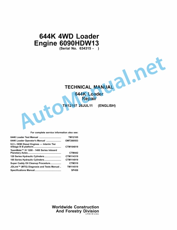 John Deere 644K 4WD Loader Engine 6090HDW13 Technical Manual TM12107 26-JUL-11