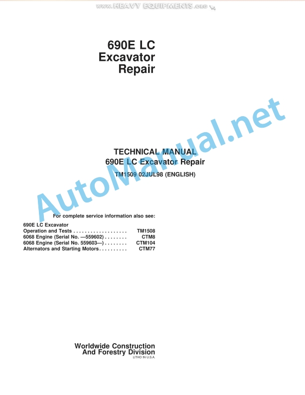John Deere 690E LC Excavator Repair Technical Manual TM1509 19980702