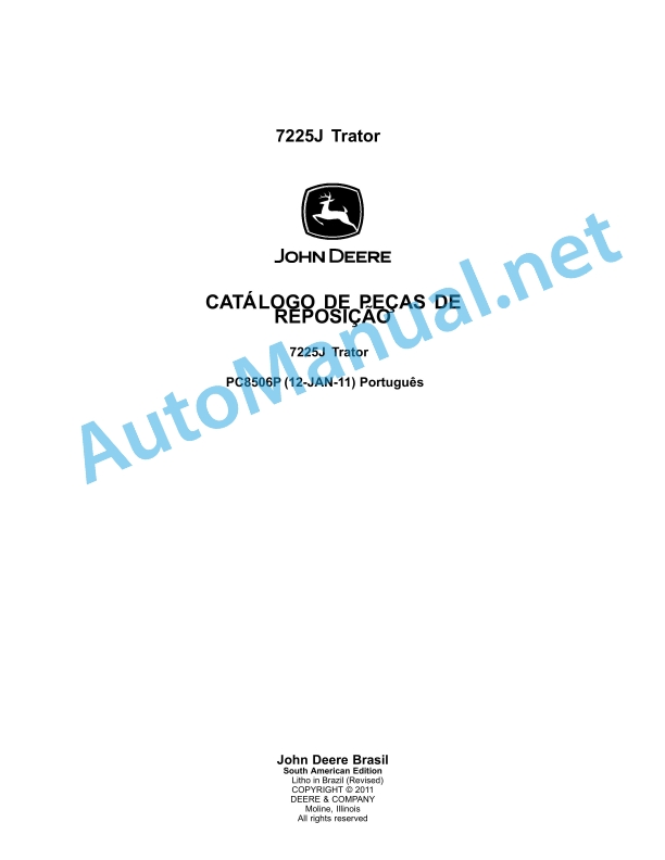 John Deere 7225J Tractor Parts Catalog PC8506P 12-JAN-11 Portuguese