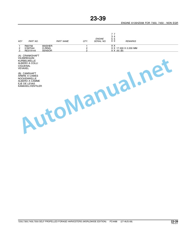 Alternative view of John Deere 7250,7350,7450,7550 Self Propelled Forage Harvester Parts Catalog PC4488 Oct-08