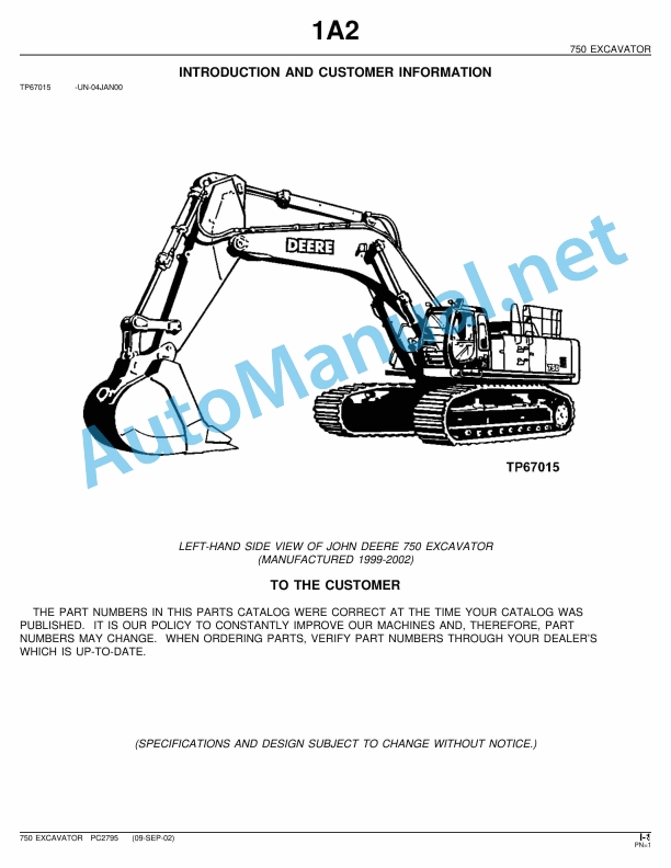 John Deere 750 Excavator Parts Catalog PC2795 09-SEP-02
