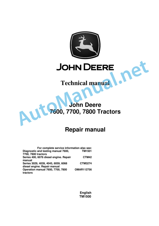 John Deere 7600, 7700, 7800 Tractors Technical Manual TM1500