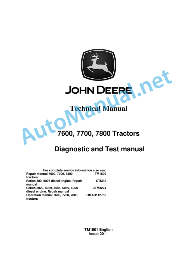 John Deere 7600, 7700, 7800 Tractors Technical Manual TM1501 2011