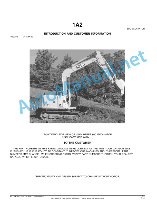 John Deere 80C Excavator Parts Catalog PC9084 25-APR-03