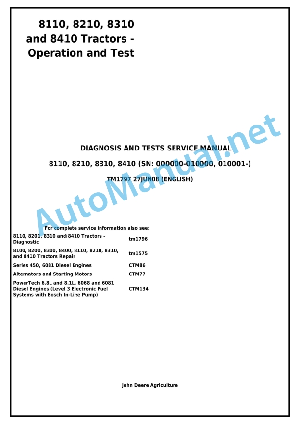 John Deere 8110, 8210, 8310, 8410 Tractors Technical Manual TM1797 27 June 2008