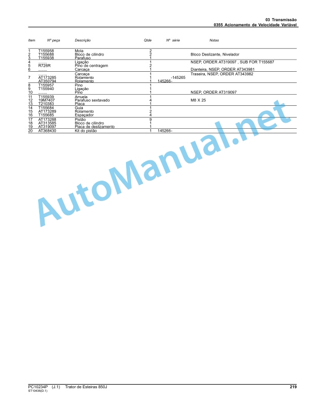 Alternative view of John Deere 850J Crawler Tractor Parts Catalog PC10234P June 2017 Portuguese