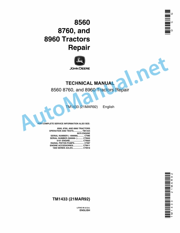 John Deere 8560, 8760, and 8960 Tractors Repair Technical Manual TM1433 21MAR92