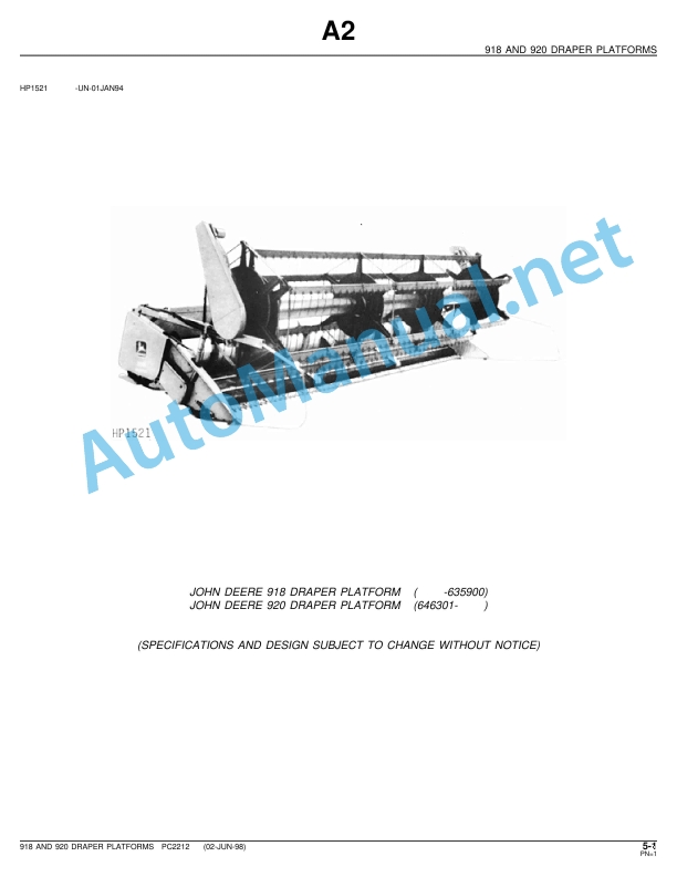 John Deere 918 and 920 Draper Platforms Parts Catalog PC2212 02-JUN-98