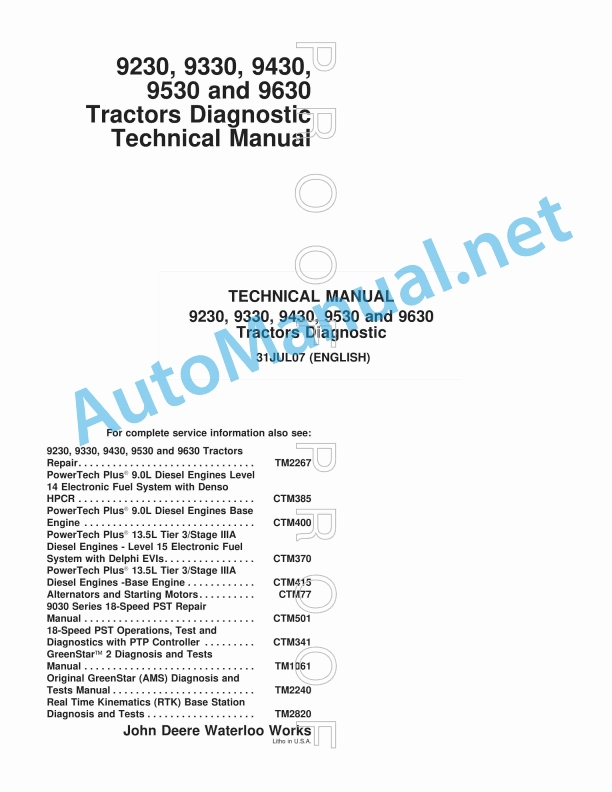 John Deere 9230, 9330, 9430, 9530 and 9630 Tractors Diagnostic Tractors Diagnostic Technical Manual 31Jul07