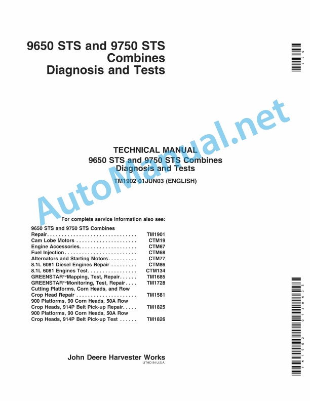 John Deere 9650 STS and 9750 STS Combines Diagnosis and Tests Technical Manual TM1902 01JUN03
