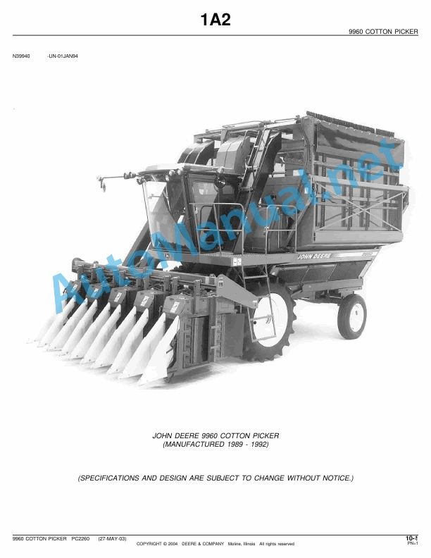 John Deere 9960 COTTON PICKER Parts Catalog PC2260 27-MAY-03