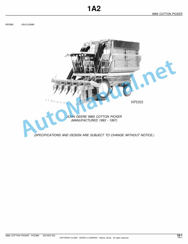 John Deere 9965 Cotton Picker Parts Catalog PC2366 03-Nov-03