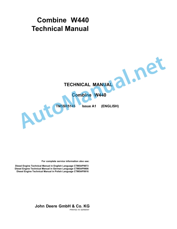 John Deere Combine W440 Technical Manual TMSR5145