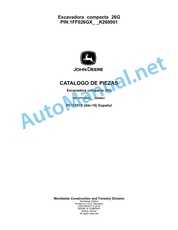 John Deere Compact Excavator 26G Parts Catalog PC113515 April 2016 Spanish