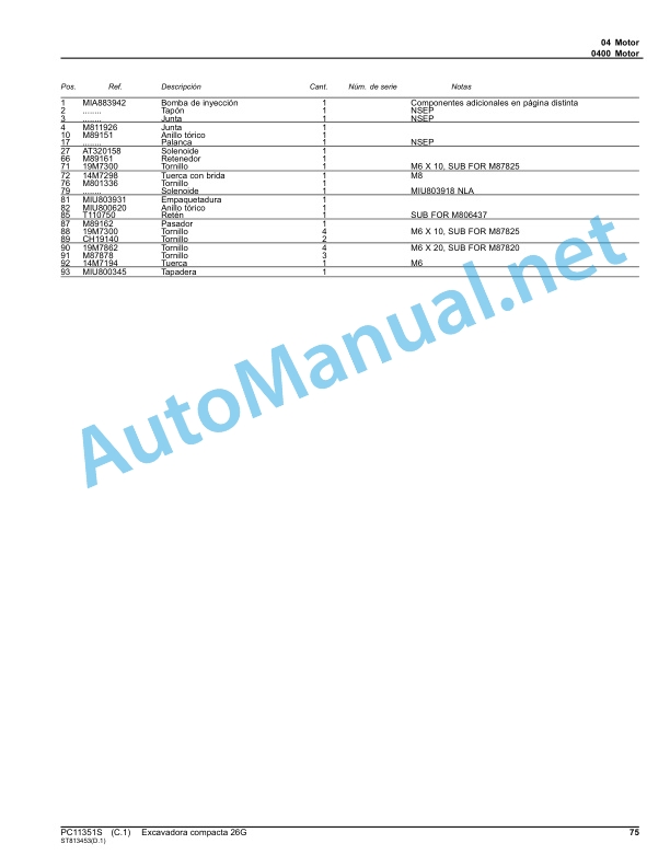 Alternative view of John Deere Compact Excavator 26G Parts Catalog PC113515 April 2016 Spanish