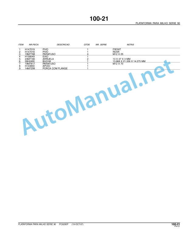 John Deere Corn Platform Series 90 (Corn Platform Series 90) Parts Catalog PC9285P 19-OCT-07 (19-Oct-07) Portuguese 3 John Deere Corn Platform Series 90 (Corn Platform Series 90) Parts Catalog PC9285P 19-OCT-07 (19-Oct-07) Portuguese - Image 3