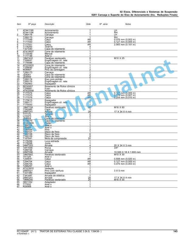 Alternative view of John Deere CRAWLER TRACTOR 700J CLASS 3 Parts Catalog PC10040P August 2015 Portuguese