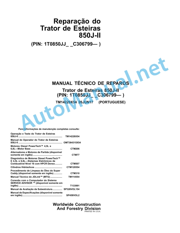 John Deere Crawler Tractor 850J-II Technical Manual TM142295X54 26 June 2017 Portuguese