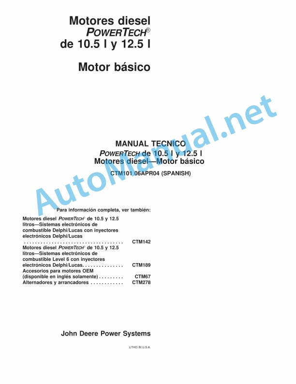 John Deere Diesel Engines POWERTECH 10.5 L and 12.5 L Basic Engine Component Technical Manual CTM101 Spanish