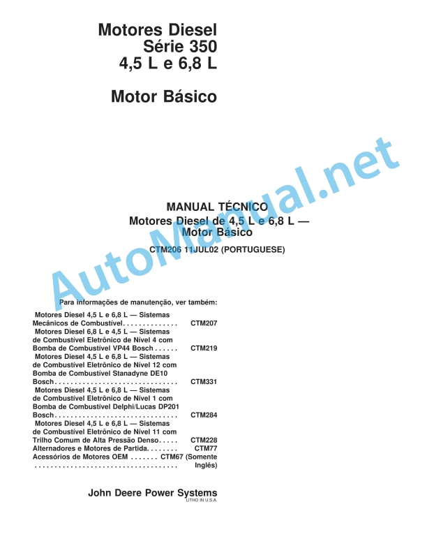 John Deere Diesel Engines Series 350 4.5 L and 6.8 L Basic Engine Component Technical Manual CTM206 11 July 2002 Portuguese