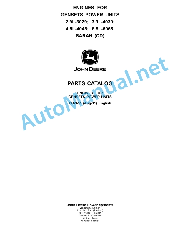 John Deere Engines for Gensets Power Units Parts Catalog PC2451 201108