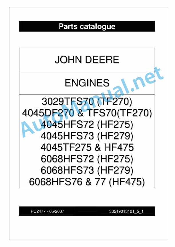 John Deere ENGINES Parts Catalog PC2477 52007