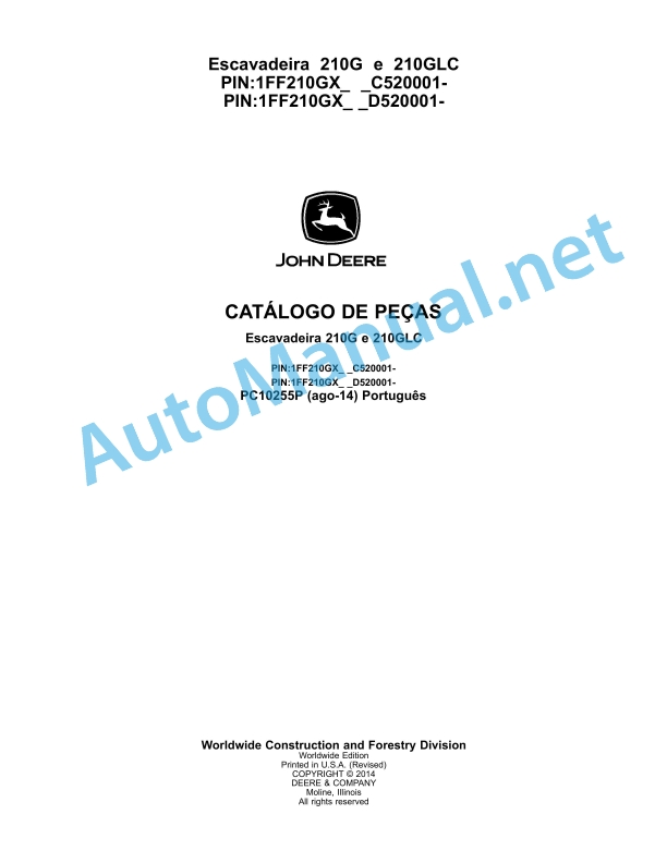 John Deere Excavator 210G and 210GLC Parts Catalog PC10255P 2014 Portuguese