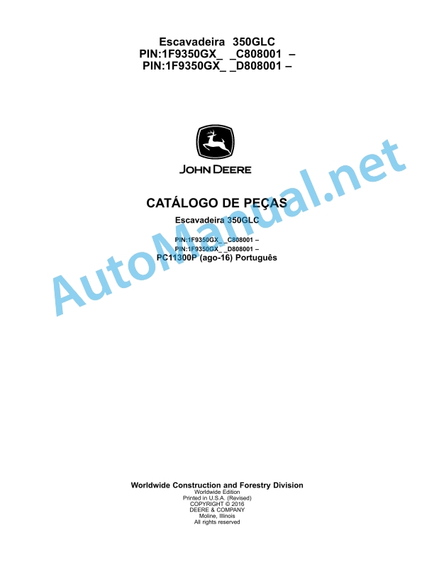 John Deere Excavator 350GLC Parts Catalog PC11300P 2016 Portuguese