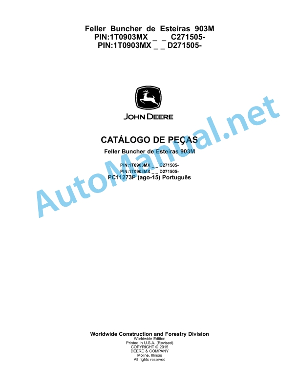 John Deere Feller Buncher de Esteiras 903M Parts Catalog PC11273P Portuguese