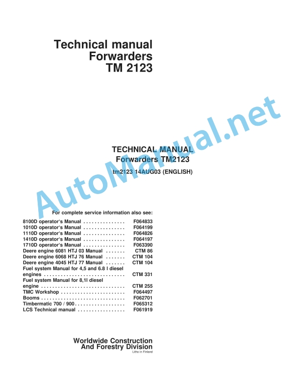 John Deere Forwarders TM2123 Technical Manual TM2123 14AUG03