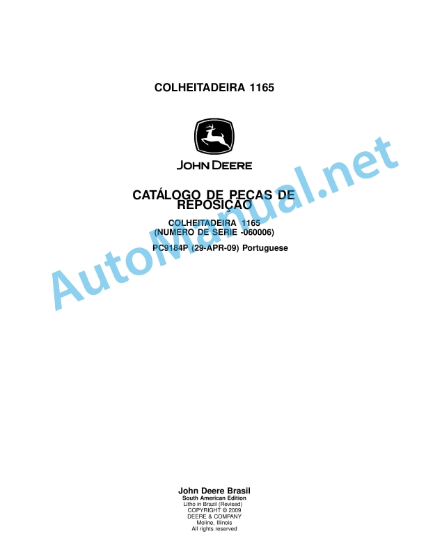 John Deere HARVESTER 1165 Parts Catalog PC9184P 29-APR-09 Portuguese