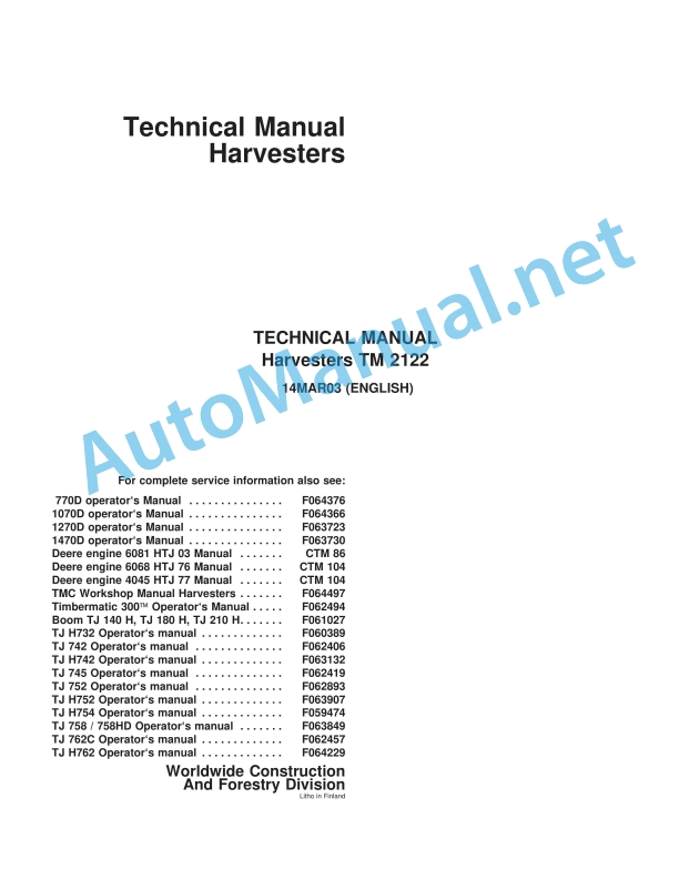 John Deere Harvesters Technical Manual TM 2122