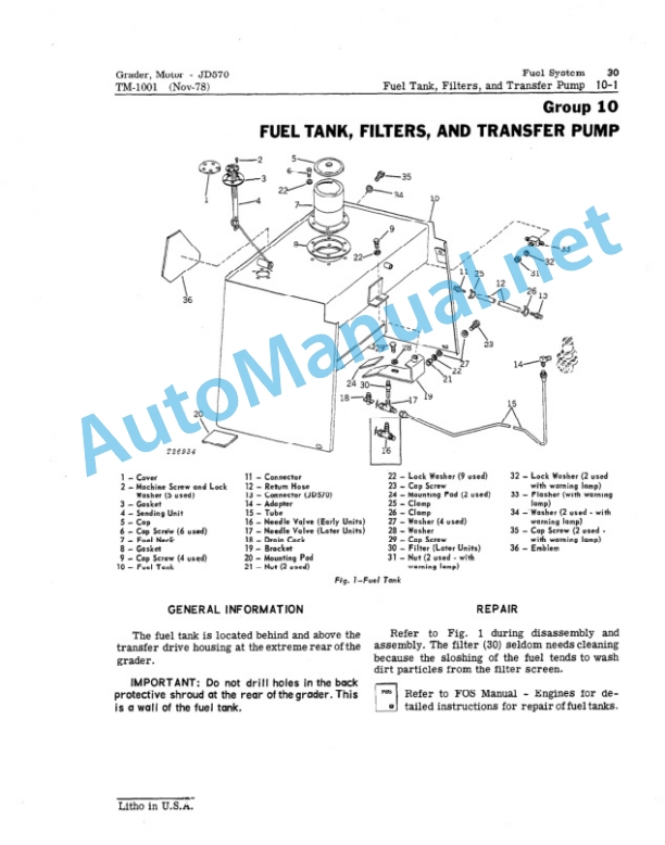 Alternative view of John Deere JD570 and JD570A Motor Grader TECHNICAL MANUAL TM-1001 Dec-87